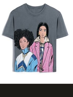 Zara Women's Gray Graphic Tee with Pink Jacket Illustration Girl Power Small